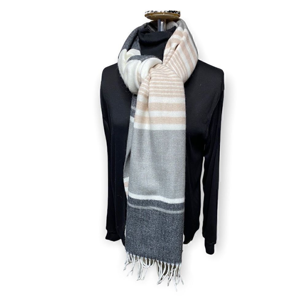 Calvin Klein Scarf wrap grey ivory beige striped 76 x 24 + fringe soft NWT